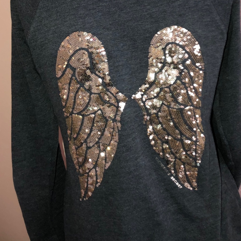 Victoria Secret charcoal grey hoodie with gold sequin bling angel wings